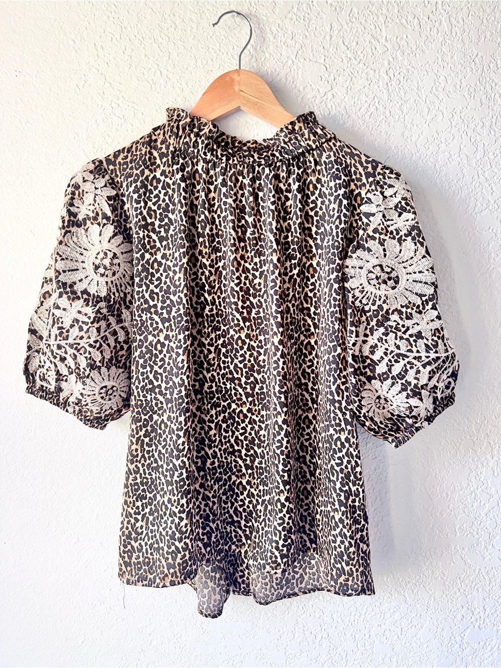 THML Leopard Print Blouse Floral Embroidered Sleeves Sz S
